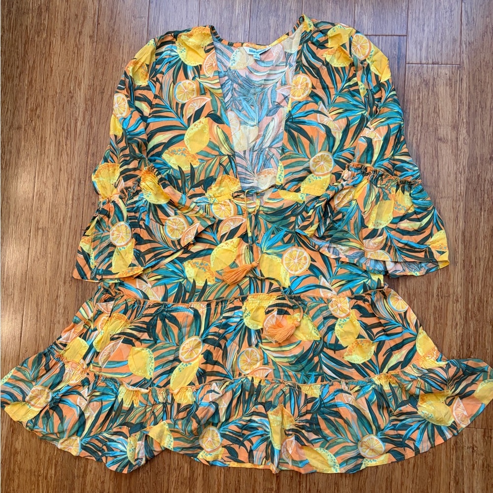 Blue Island Lemon Print Swim Coverup - Yellow and Green
